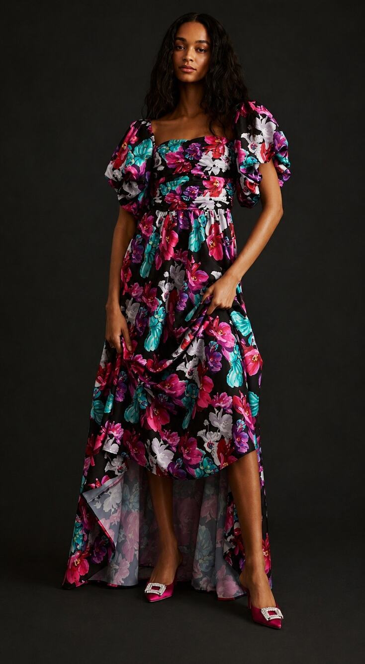 NEW Anthropologie Delfi Collective Floral Puff Sleeve Maxi Dress Pink Large